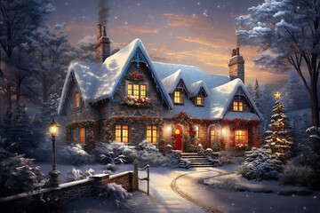 Fototapeta premium The spirit of winter, featuring a festive holiday landscape adorned with glistening snow, cozy houses aglow with twinkling lights. Ai generated