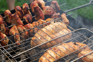 Meat and sausage on a grill closeup