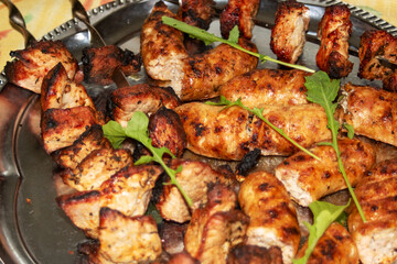 Meat and sausage on a grill closeup