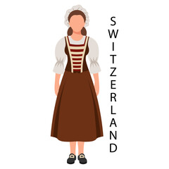 Woman in Swiss folk costume and headdress. Culture and traditions of Switzerland. Illustration, vector