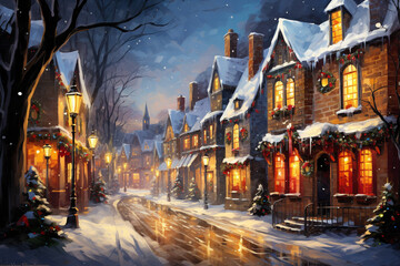 Obraz premium The spirit of winter, featuring a festive holiday landscape adorned with glistening snow, cozy houses aglow with twinkling lights. Ai generated