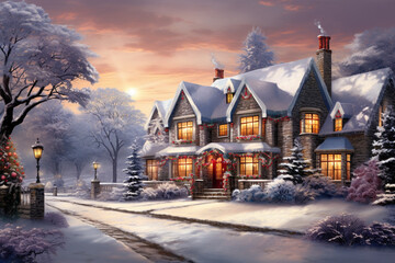 The spirit of winter, featuring a festive holiday landscape adorned with glistening snow, cozy houses aglow with twinkling lights. Ai generated