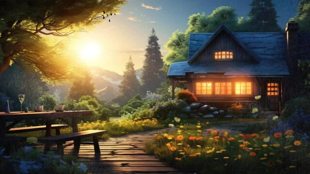 Beautiful garden, beautiful house in the forest with cartoon style. seamless looping time-lapse virtual 4k video animation background.