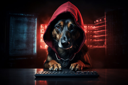 Hacker dog wearing a hoodie, sitting in front of a computer keyboard with a determined look in its eyes. Ai generated