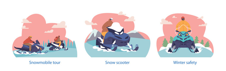Isolated Vector Elements With Snowmobile Drivers, Fearless Navigators Of Winter Wonderlands, . Vector Illustration