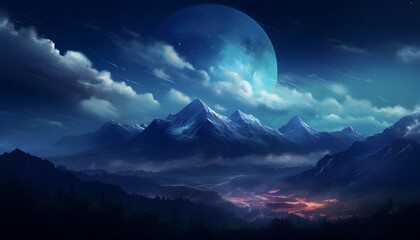 Scenery reflection lake and mountains landscape. Fantasy landscape with a lake, trees, clouds and moon. Moonlight. Starry sky. Fairytale fight scene. Magic forest.  - obrazy, fototapety, plakaty