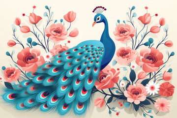 A colorful peacock sits on a branch with beautiful bright flowers, illustration