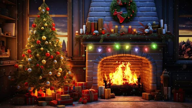 fireplace with christmas decorations background   with anime or cartoon style. seamless looping time-lapse virtual video animation background.