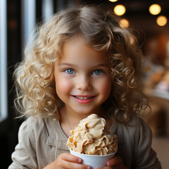 Portrait of smiling curly blonde kid girl, child with blue frolic eyes eating big ice-crea on background of cafe