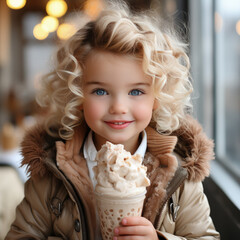 Portrait of smiling curly blonde kid girl in jacket, child with blue eyes eating big ice-crea, in waffle cone on cafe, restaurant background
