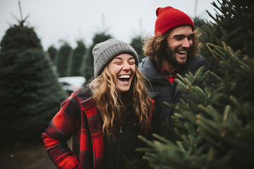 Cheerful couple in love laughing and choosing a Christmas tree on the farm