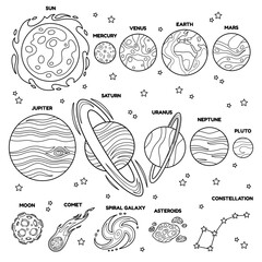 Set of outline planets of solar system. Cartoon Star Sun and planets Earth, Mars, Jupiter, Saturn and other. Contour vector illustrations perfect for page of the kids coloring book on space theme.