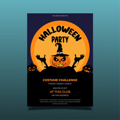 Halloween vertical background with pumpkin, haunted house and full moon. Flyer or invitation template for Halloween party. Vector illustration.