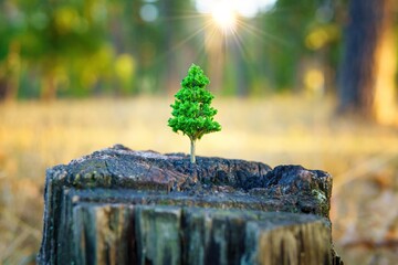 Tiny Toy Tree Stands Gracefully on a Stump in the Forest