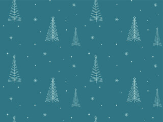 Seamless pattern with doodle spruce pine fir on green. Abstract line drawn Christmas tree. Winter snow forest background. Snowy cozy holidays