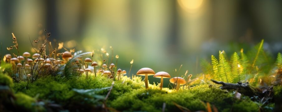 The landscape of green grass, moss and mushrooms in a rainforest with the focus on the setting sun. Soft focus