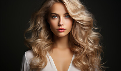 Naklejka premium Portrait of young gorgeous woman in white dress and with long platinum blonde hair isolated on dark background