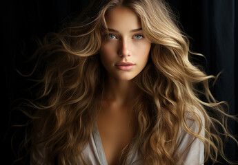 Fototapeta premium Portrait of young sensual woman with fluttering long wavy blonde hair isolated on dark background