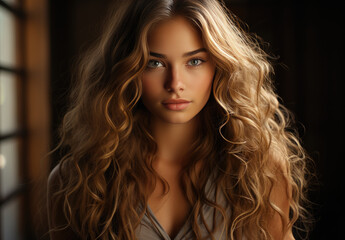 Portrait of young sensual curly blonde woman in evening dress on background of room, restaurant interior 