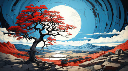 sztuka komputerowa japońska kolorowa krajobrazu drzewa - obrazy, fototapety, plakaty