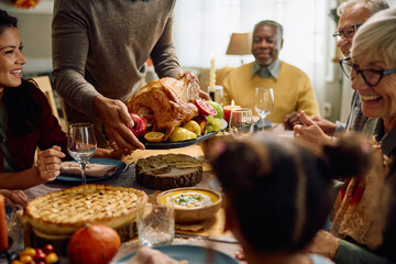 Close up op of black father serving turkey during family meal on Thanksgiving.