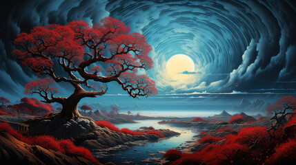sztuka komputerowa japońska kolorowa krajobrazu drzewa - obrazy, fototapety, plakaty