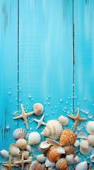 sea shells on the blue wood background