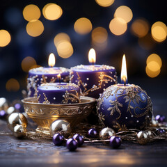 Happy New Year and Christmas holiday concept. beautiful purple New Year decorations with candles...