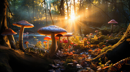 las grzybów przedstawiony w sztuce komputerowej w krajobrazie - obrazy, fototapety, plakaty