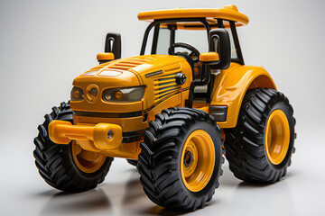 Toy yellow tractor on white background, childhood, industrial, working concept