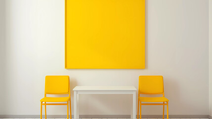 A white table with two chairs and a picture frame on the wall above it with a yellow chair and a white table with two chairs