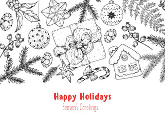 Christmas greeting card. Hand drawn sketch. Vector illustration. Christmas invitation design template. Winter season. Sketch collection.