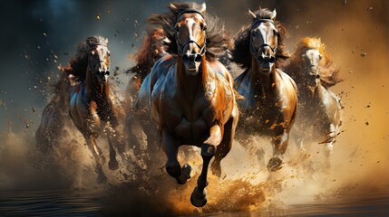 Dark brown Camargue Horses galloping in the desert with flying mane