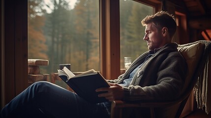 A young man in a warm sweater is reading a book while he relaxes on an armchair by the window in a cozy log cabin