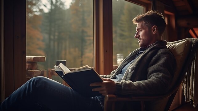 A young man in a warm sweater is reading a book while he relaxes on an armchair by the window in a cozy log cabin