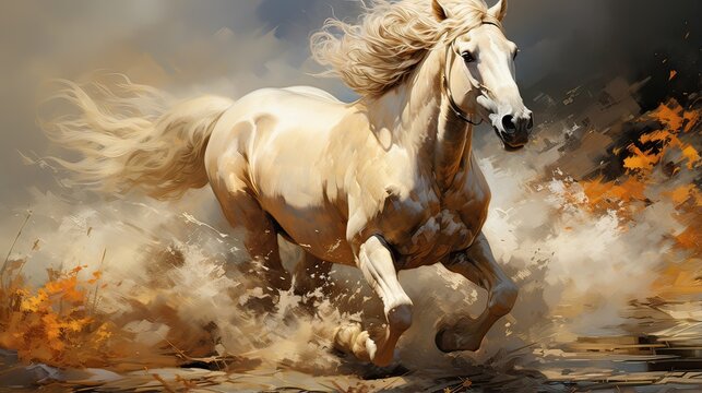 White Camargue Horse running in the desert