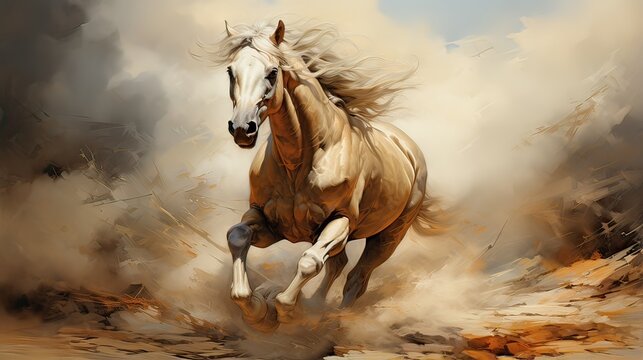 White Horse with floating mane running in the desert