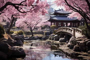 Japanese garden, graced by the delicate beauty of blossomed cherry trees in full bloom, creating a serene and picturesque scene. Ai generated