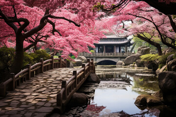 Japanese garden, graced by the delicate beauty of blossomed cherry trees in full bloom, creating a serene and picturesque scene. Ai generated