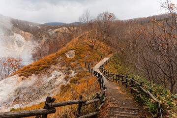 Walking path leading through autumal forest with steaming volcanic valley of Noboribetsu on the left, Hokkaido, Japan