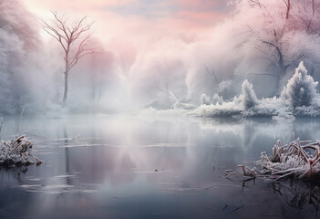 A cold winter scene of misty morning on the lake