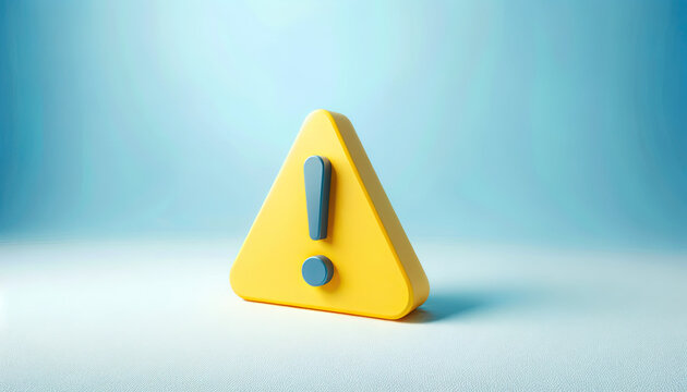 3D render illustration of a vibrant yellow triangle warning symbol prominently displayed on an isolated pastel blue background. The icon conveys concepts of error alerts, safety precautions, and the n