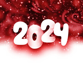 Happy new year 2024 white paper lettering on abstract banner with red bokeh and blurred snowflakes.