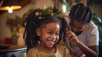 A young African girl is braiding the hair of her sisters at home while having fun together and celebrating Black healthy afro hair culture and style. - obrazy, fototapety, plakaty