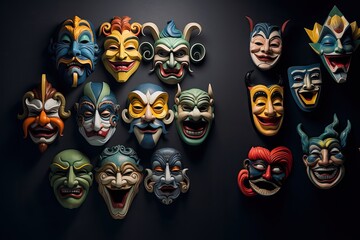 a collection of Theatre masks in a horizontal format Entertainment-themed, photorealistic illustrations in JPG.  Generative ai - obrazy, fototapety, plakaty