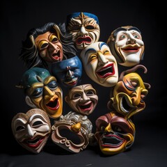 a collection of Theatre masks in a horizontal format Entertainment-themed, photorealistic illustrations in JPG.  Generative ai