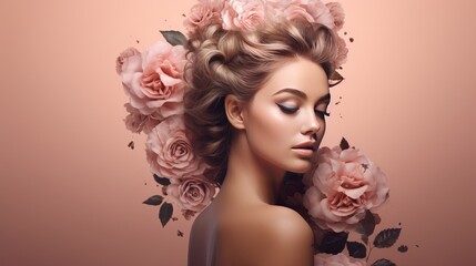 A young, beautiful woman with beautiful flowers and green leaves in her hair on a pale pink background is featured in a stylish collage design.