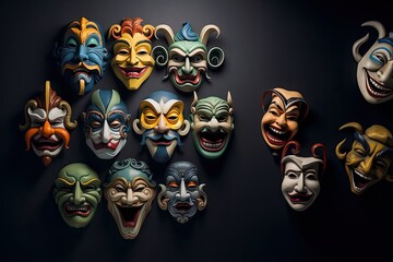 a collection of Theatre masks in a horizontal format Entertainment-themed, photorealistic illustrations in JPG.  Generative ai - obrazy, fototapety, plakaty