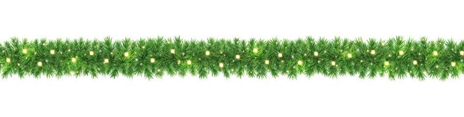 Christmas garland long border. Green fir branches with golden light, glitter stars banner. Pine, Xmas evergreen plants frame. Winter Holiday background. New Year card. Neon lamp. Vector illustration © Liubov