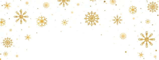 Fotobehang Gold snowflakes frame. Luxury Christmas garland border. Golden glitter snowflake background with different ornament. Happy Holiday card. Winter celebration banner. New Year decor. Vector illustration © Liubov